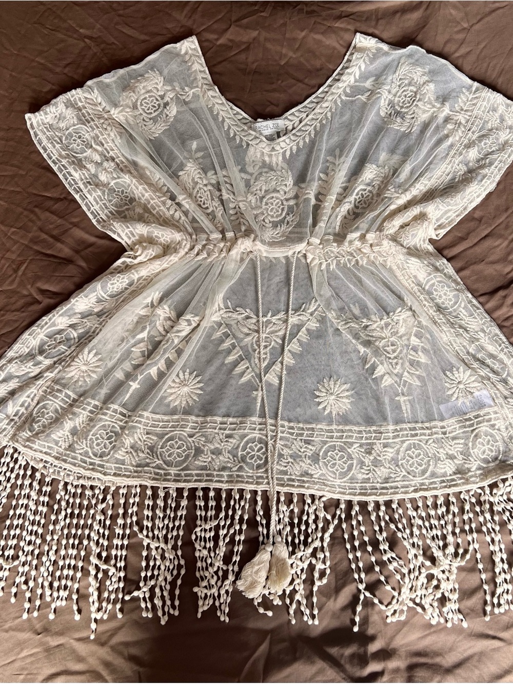 Rachel Zoe Cream Sheer Embroidered Fringe Tunic